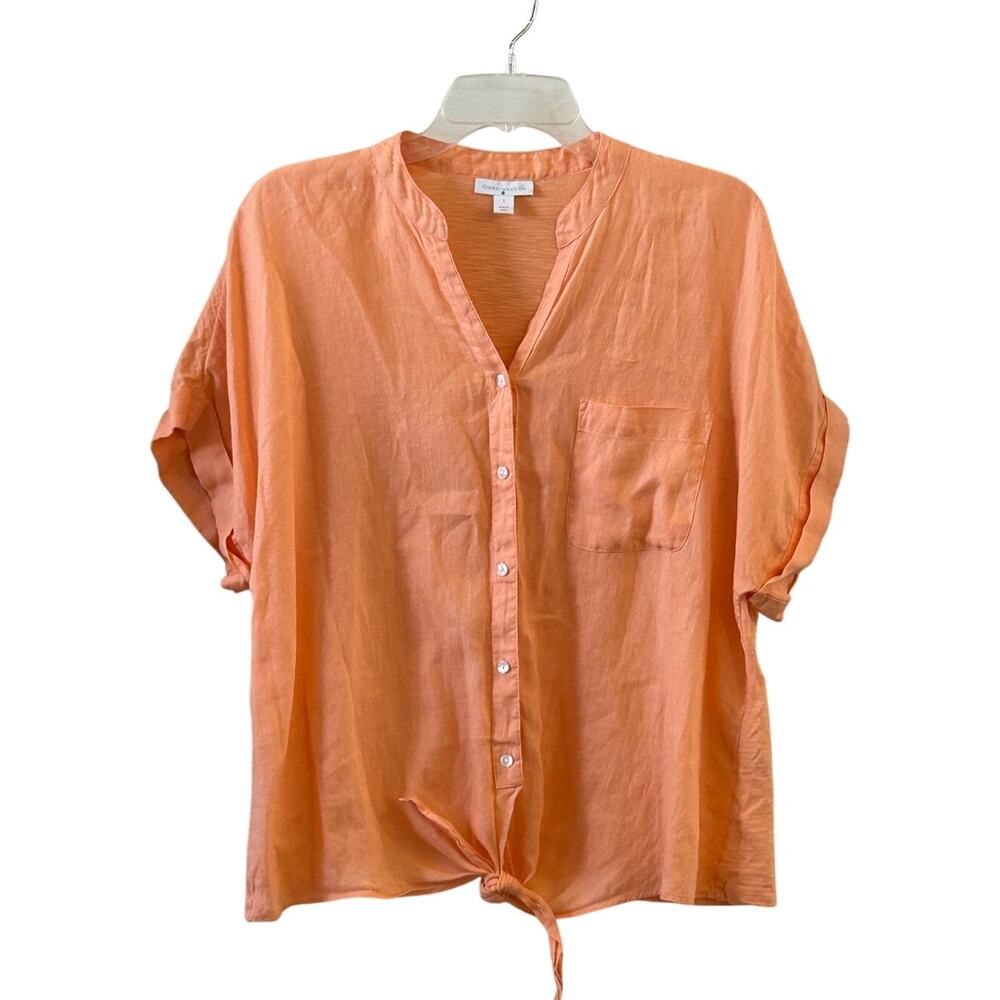 Charter Club Coral Linen Cotton Tie Front Button Blouse Women’s Large